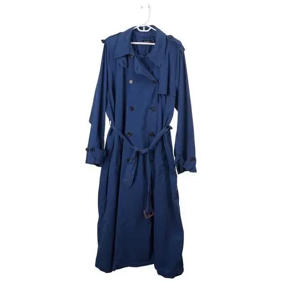 LAUREN RALPH LAUREN Women Trench Coat 18 Blue Cotton Belted Double Breasted - Picture 3 of 11